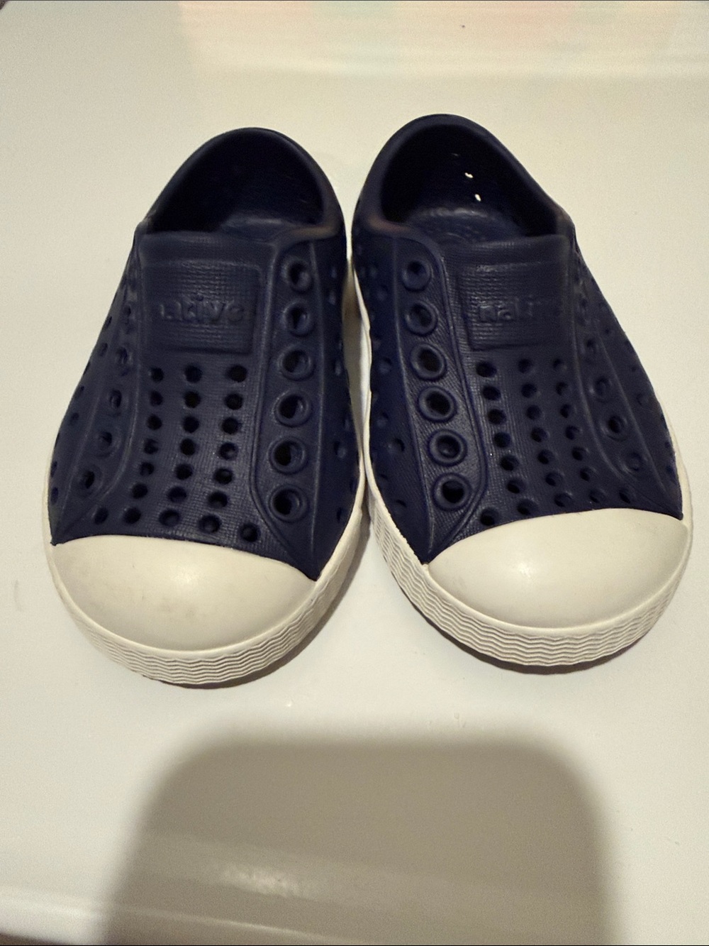 Native Slip-On Kids Water Shoes in Navy and White